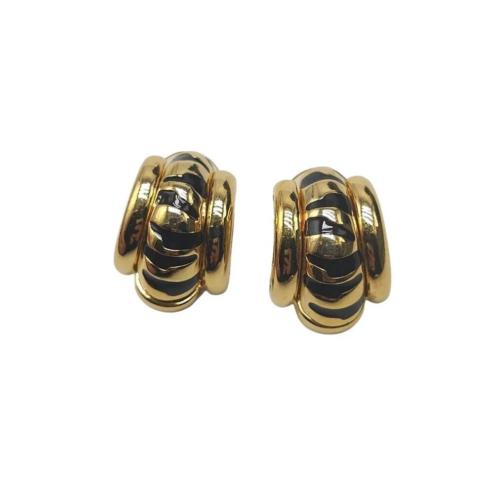 Vintage Joan Rivers Gold Tone Black Enamel Animal Print Stud Earrings